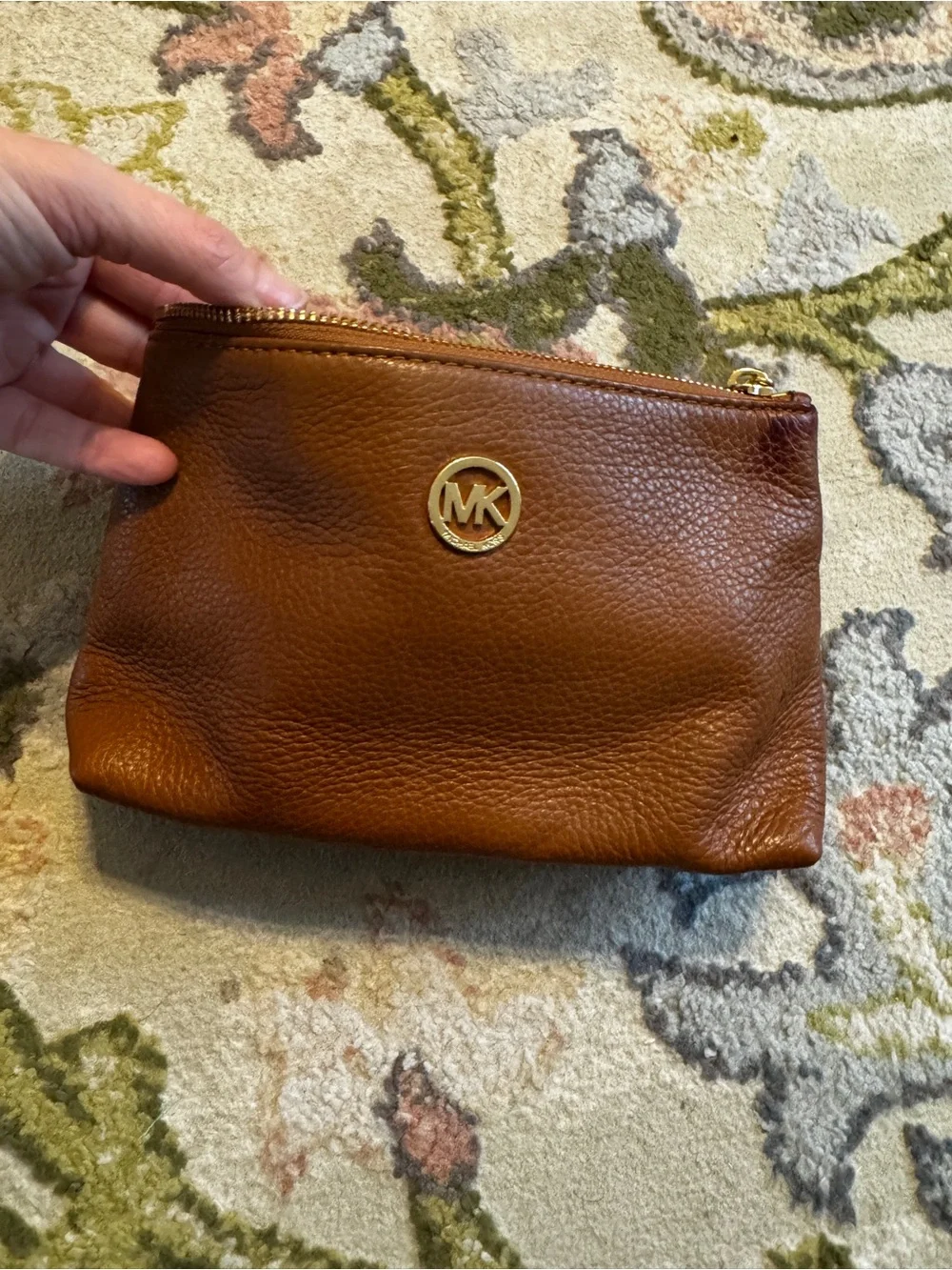 Michael Kors Brown Leather Cosmetic Pouch with Gold Logo